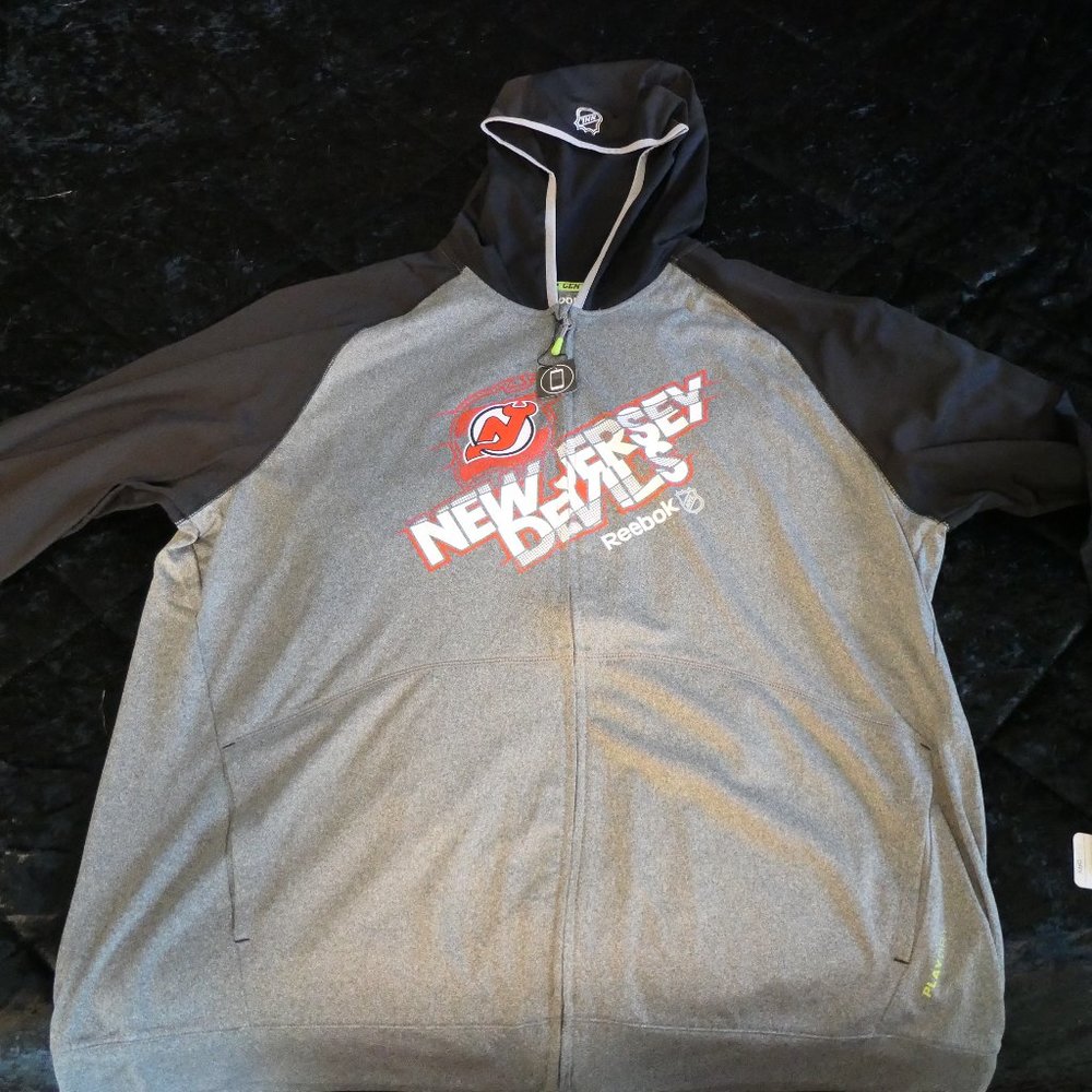 NWT New Jersey Devils Grey Full Zip Reebok Warm Up Hoodie - Discontinued - XXL